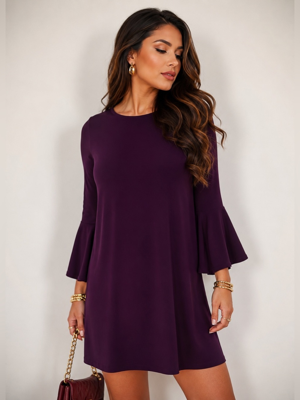 NWT Tommy Hilfiger Plum Purple Bell Sleeve Shift Dress Size 12 Gold Logo Zip